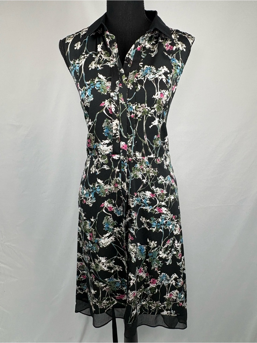 Black Dress Floral Sleeveless Collared Button down front